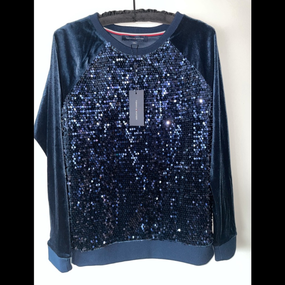 TOMMY HILFIGER VELVET SEQUIN BLUE/NAVY PULL OVER SWEATER ROUND NECK SMALL
